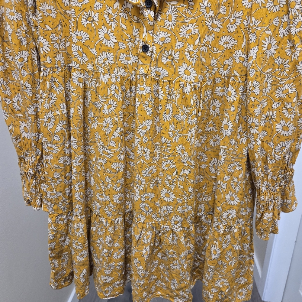 Zara Mustard Yellow Floral Ruffle Dress Boho Prairie Smocked Button Front - Picture 7 of 12